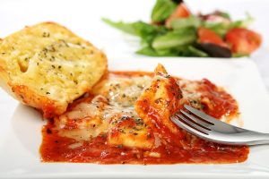 Lasagna, garlic bread and salad